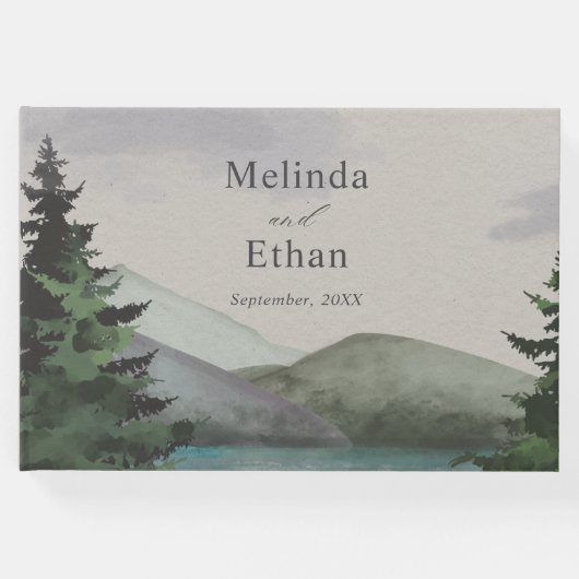 素朴な山と湖の常緑樹のウェディング ゲストブック (正面)
