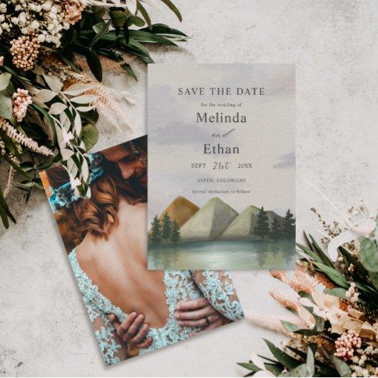 素朴な山と湖エバーグリーン日付を保存 招待状