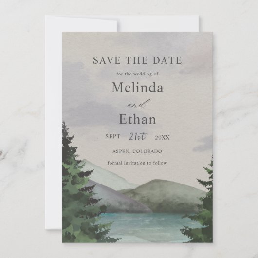 素朴な山と湖エバーグリーン日付を保存 招待状 (正面)