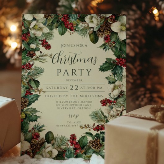 素朴な常緑の実のクリスマスパーティー 招待状