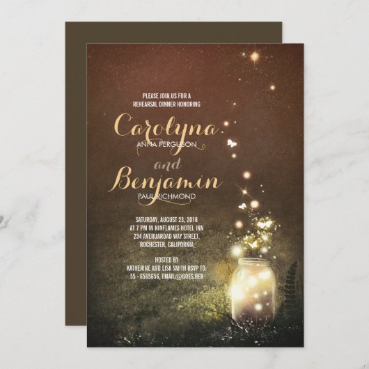 素朴な庭のホタルのメーソンジャーのリハーサルの夕食 招待状 (正面/裏面)