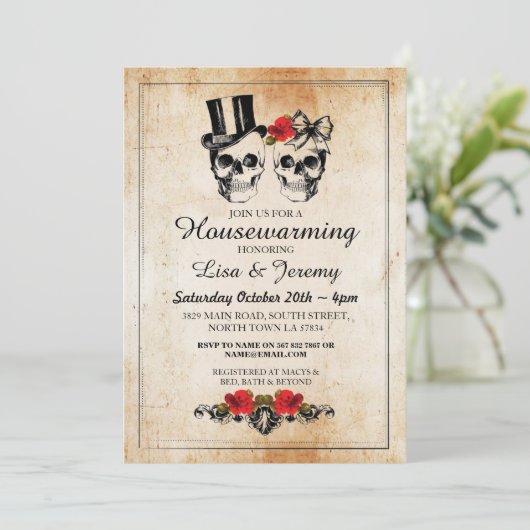 素朴な引っ越し祝いパーティーのばら色のスカルの招待ハロウィン 招待状 (スタンド正面)