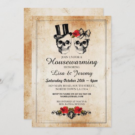 素朴な引っ越し祝いパーティーのばら色のスカルの招待ハロウィン 招待状 (正面/裏面)