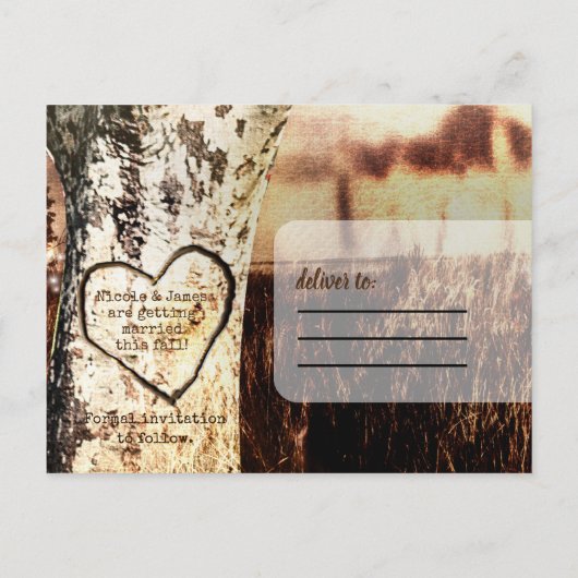 素朴な彫りの木とストリングライトのSave The Date 案内ポストカード (裏面)