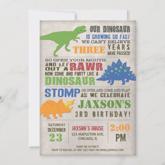 素朴な恐竜の誕生日の招待の男の子の最初に第1 招待状 (正面)