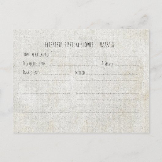 素朴な愛の縄とレースのウェディングシャワーレシピ インビテーションポストカード (裏面)