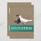 素朴な愛の鳥たち ティールリボン バーガンディ 結婚式 招待状 (正面/裏面)