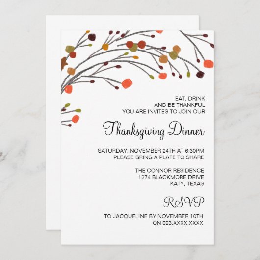 素朴な感謝祭の夕食の秋の招待状 招待状 (正面/裏面)