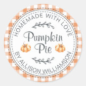 素朴な手作りオレンジチェックのカボチャパイラベル ラウンドシール (正面)