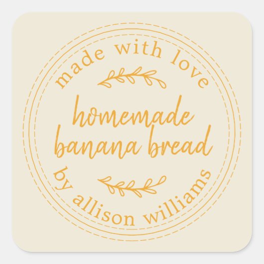 素朴な手作りバナナブレッド アンティークホワイトスクエア スクエアシール (正面)