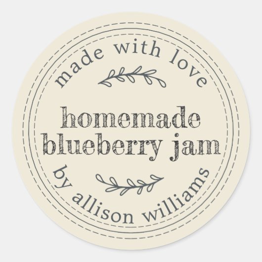 素朴な手作りブルーベリージャム缶 アンティークホワイト ラウンドシール (正面)