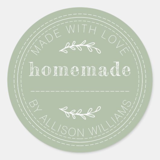 素朴な手作り焼き菓子ラベル 緑の葉のデザイン ラウンドシール (正面)