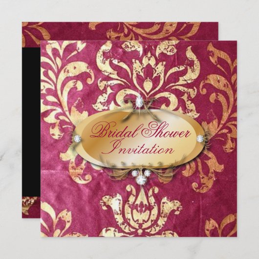 素朴な明るい赤紫色金ゴールドダマスク結婚式 招待状 (正面/裏面)