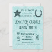 素朴な星の蹄鉄の青いペイズリーの結婚式の招待 招待状 (正面)