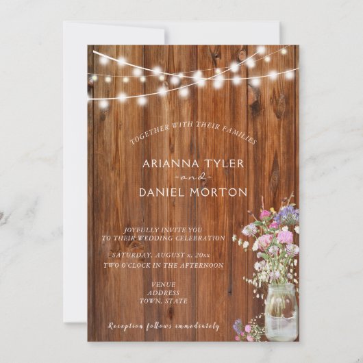 素朴な春の花のメイソンジャー ストリングライト 招待状 (正面)