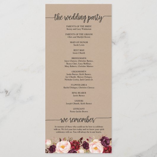 素朴な書道の結婚式 プログラムカードデザイン プログラム (裏面)