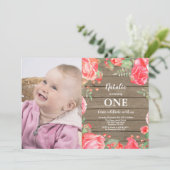 素朴な最初の1歳の誕生日招待状 赤い花 招待状 (スタンド正面)