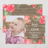 素朴な最初の1歳の誕生日招待状 赤い花 招待状 (正面/裏面)