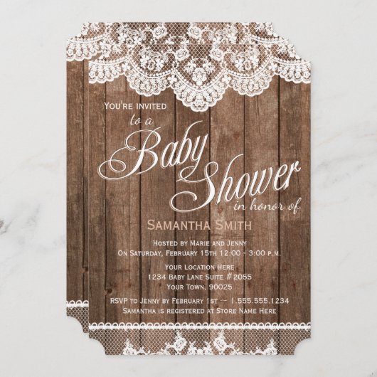 素朴な木およびレースのベビーシャワーの招待状 招待状 (正面/裏面)