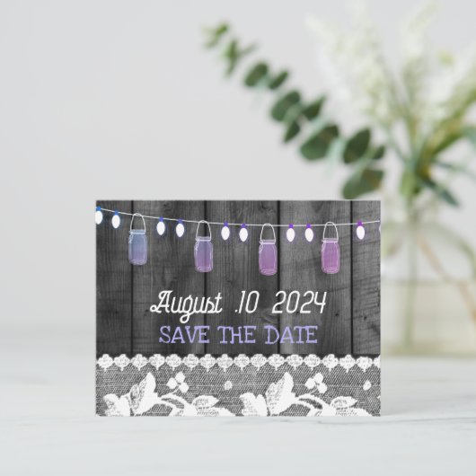 素朴な木で日付を保存，レース，文字列の光 案内ポストカード (スタンド正面)