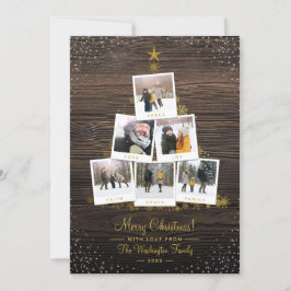 素朴な木とゴールドのクリスマスツリー 6枚の写真のカード 招待状