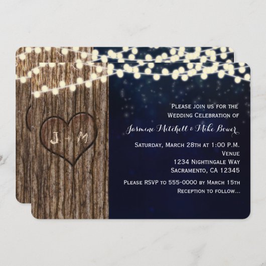 素朴な木によって切り分けられるハート夜結婚式招待状 招待状 (正面/裏面)