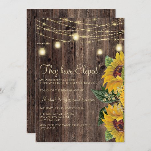 素朴な木のひまわりストリングライトのエロープメント 招待状 (正面/裏面)