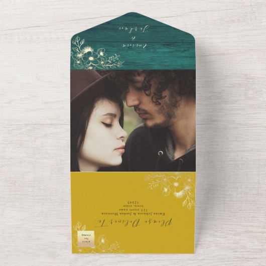 素朴な木のエメラルドグリーンと黄色の結婚式 オールインワン招待状 (外側)