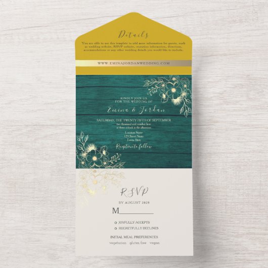 素朴な木のエメラルドグリーンと黄色の結婚式 オールインワン招待状 (内側)