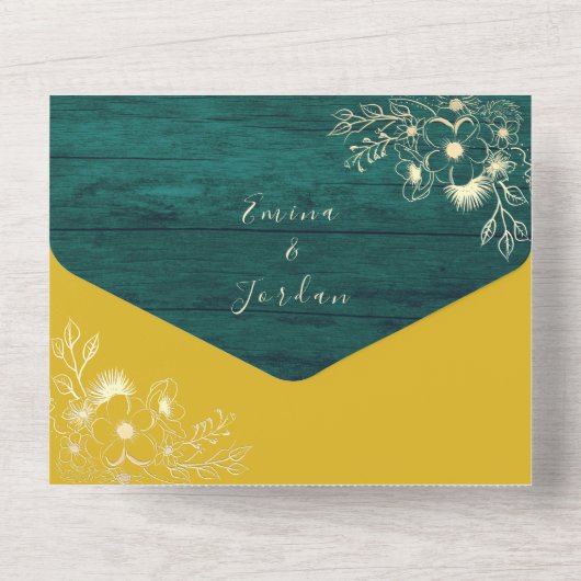 素朴な木のエメラルドグリーンと黄色の結婚式 オールインワン招待状 (裏面)