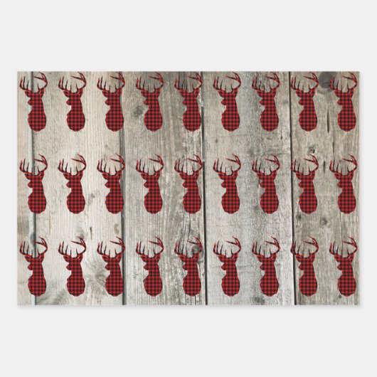素朴な木のクリスマスディアーは赤いバッファローのチェックに耐える ラッピングペーパーシート (正面3)