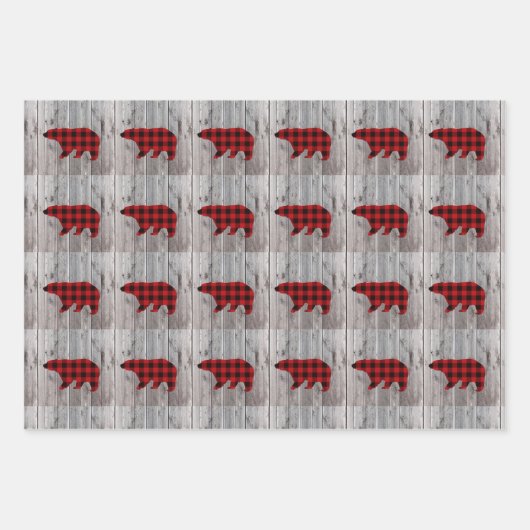 素朴な木のクリスマスディアーは赤いバッファローのチェックに耐える ラッピングペーパーシート (正面)