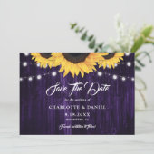 素朴な木のストリングライトひまわり紫色の結婚式 セーブザデート (スタンド正面)