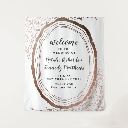 素朴な木のスライスに銅箔を貼った秋の結婚式のウェルカムサイン タペストリー (正面)