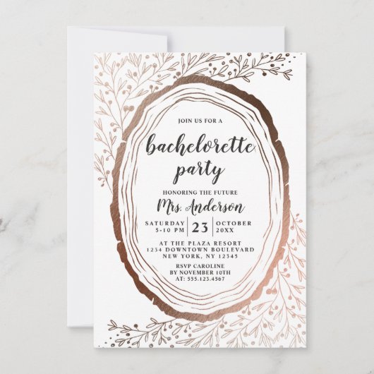 素朴な木のスライス銅箔 バチェロレッテパーティー 招待状 (正面)
