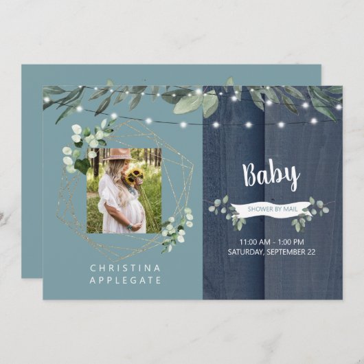 素朴な木のターコイズ & ネイビー写真ベイビーシャワー郵送で 招待状 (正面/裏面)