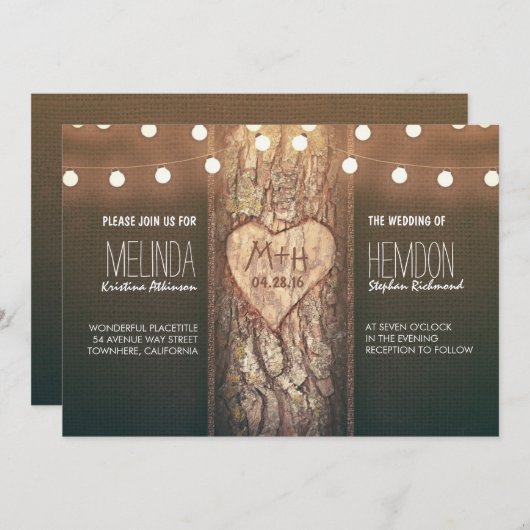 素朴な木のハートとストリングライト結婚式の招待 招待状 (正面/裏面)