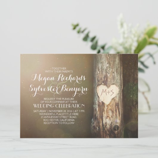 素朴な木のハートツリーの国の結婚式の招待 招待状 (スタンド正面)