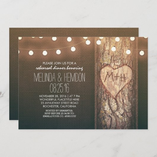 素朴な木のハート及びひもはリハーサルの夕食をつけます 招待状 (正面/裏面)