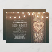 素朴な木のハート及びひもライトブライダルシャワー 招待状 (正面/裏面)