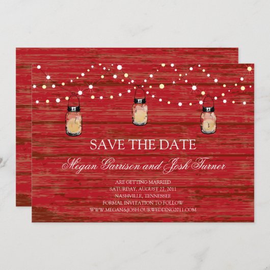素朴な木のメイソンジャーとライトのSave the Date セーブザデート (正面/裏面)