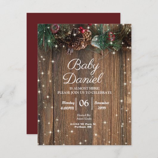 素朴な木の国のクリスマス松のガーランド輝き 招待状 (正面/裏面)