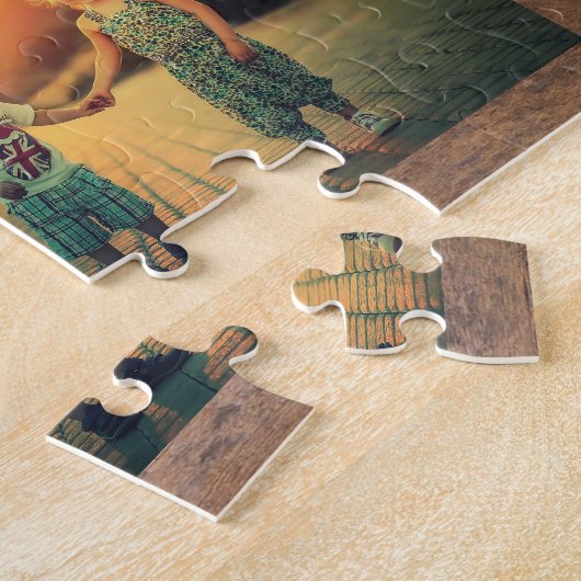 素朴な木の家族コラージュ4枚の写真 ジグソーパズル (側面)