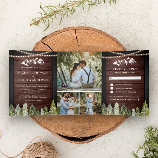 素朴な木の山の森の写真コラージュ結婚式 三つ折り招待状
