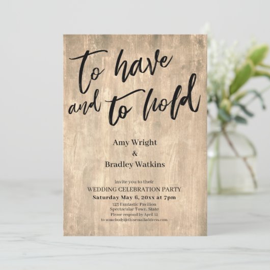 素朴な木の手書きフォントの「持つことと保持すること」 招待状 (スタンド正面)