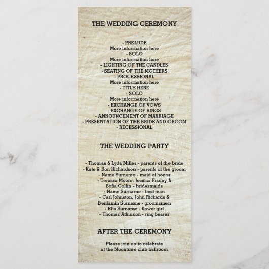 素朴な木の木のハート彫刻結婚式 プログラム (裏面)