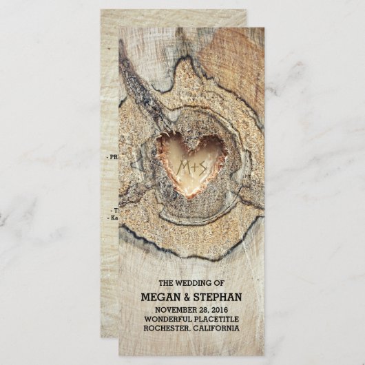 素朴な木の木のハート彫刻結婚式 プログラム (正面/裏面)