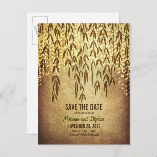 素朴な木の枝ストリングライト日付を保存 案内ポストカード (正面/裏面)