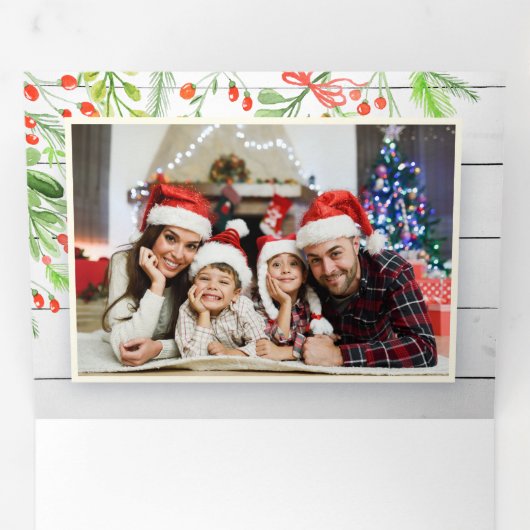 素朴な木の水彩画の葉の写真 ホリデー 三つ折りクリスマスカード (内部最初)