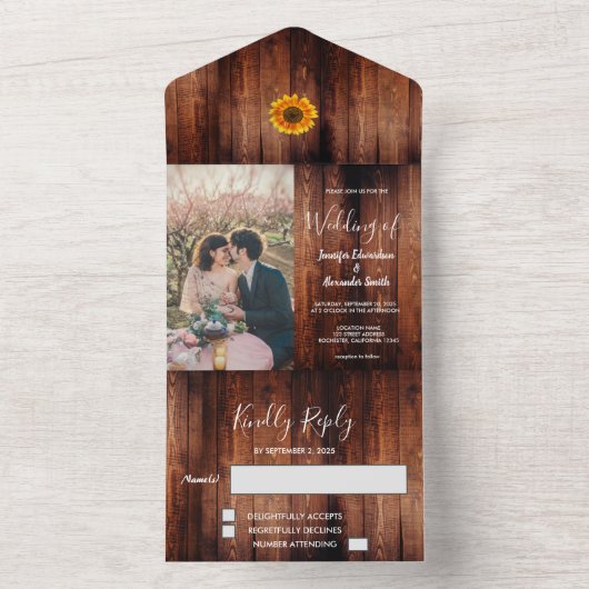 素朴な木の水彩画ひまわり写真 ウェディング オールインワン招待状 (内側)